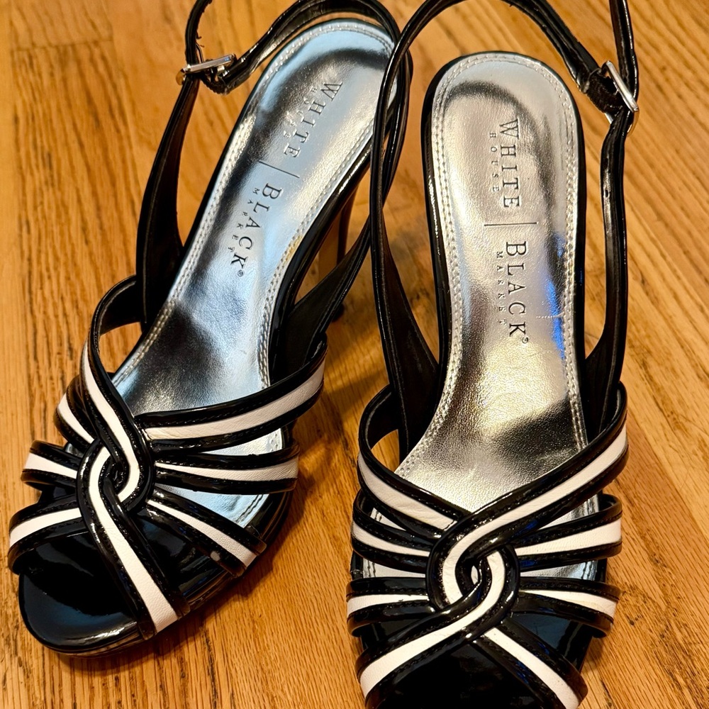White House Black Market Women's Black and White Strappy Heels
